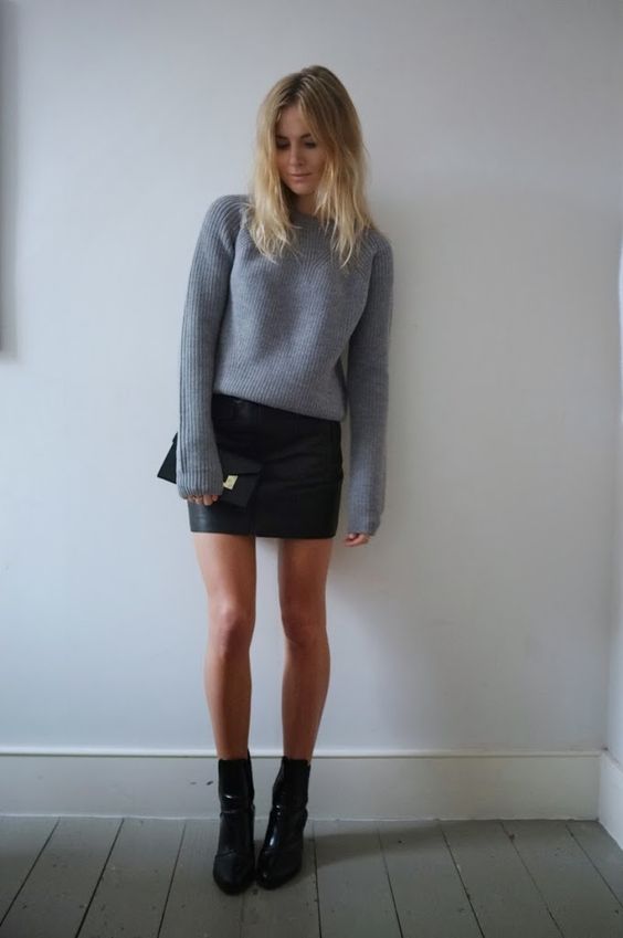 Grey Sweater and Leather Skirt via