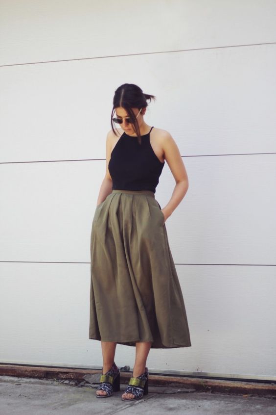 Midi Khaki Skirt and Tank Top via