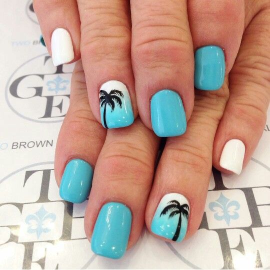 Pale Blue, White Nails with Palm Trees via