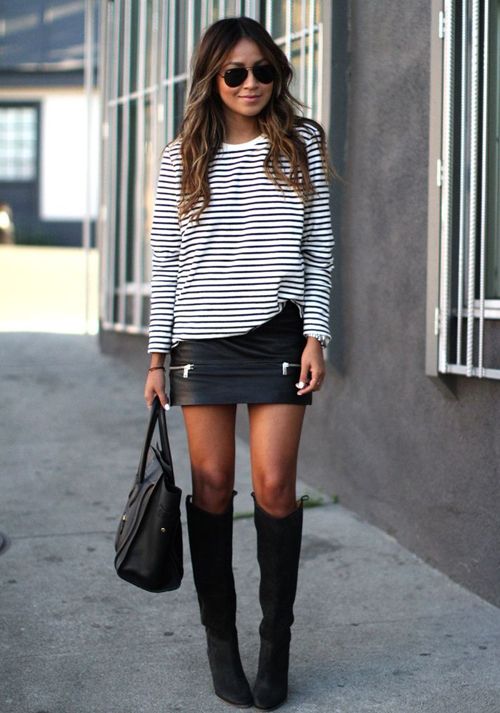 Striped Top and Black Skirt via