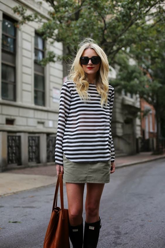 Striped Top and Khaki Pencil Skirt via