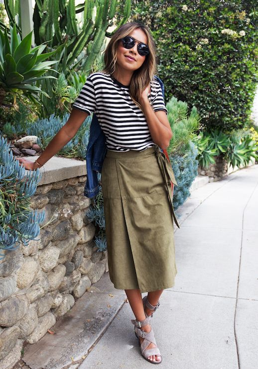 Striped Top and Khaki Skirt via