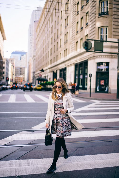 floral-dress-and-beige-trench-coat via