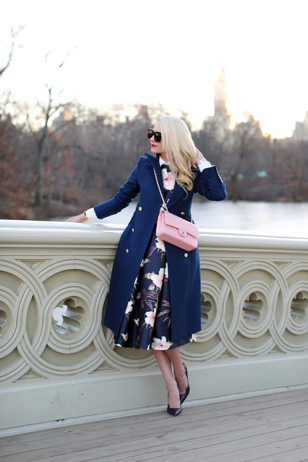 floral-dress-and-blue-trench via