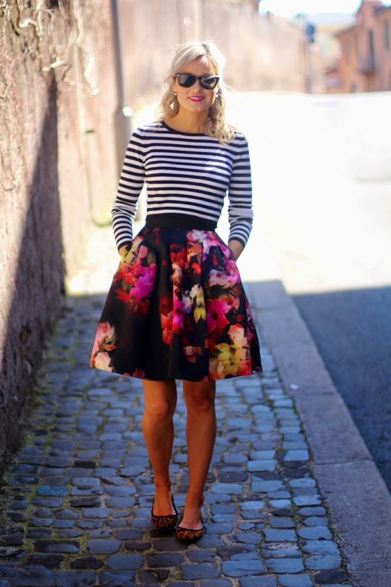 striped-top-and-floral-skirt via