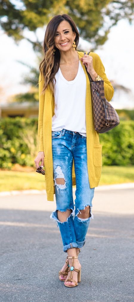yellow-cardigan-white-t-shirt-and-ripped-jeans via