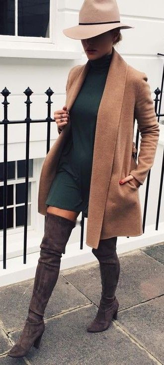 brown-trench-coat-and-teal-dress via