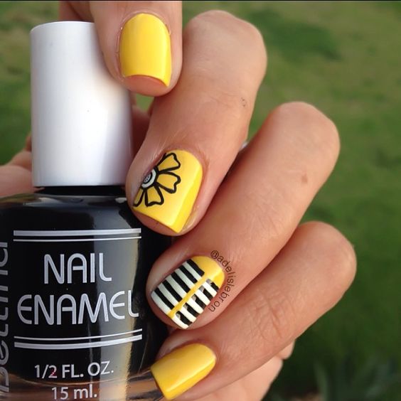 mustard-nails-with-lines-and-flowers via