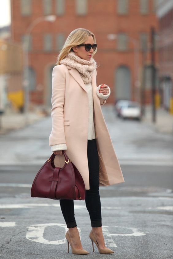 nude-coat-and-burgundy-handbag via