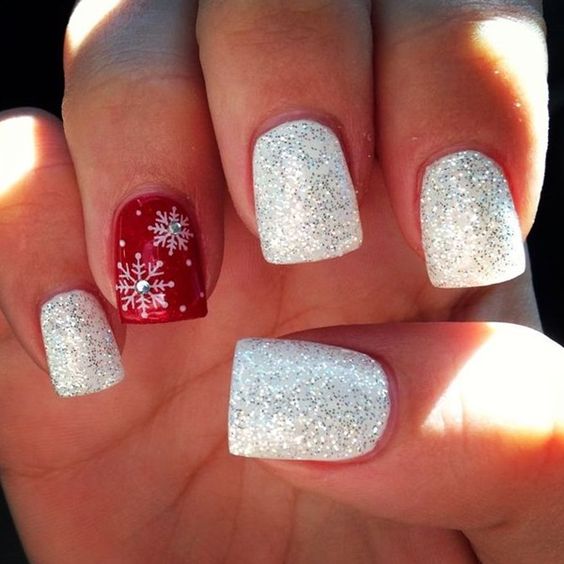 red-and-white-nails-with-snowflakes-and-glitter via
