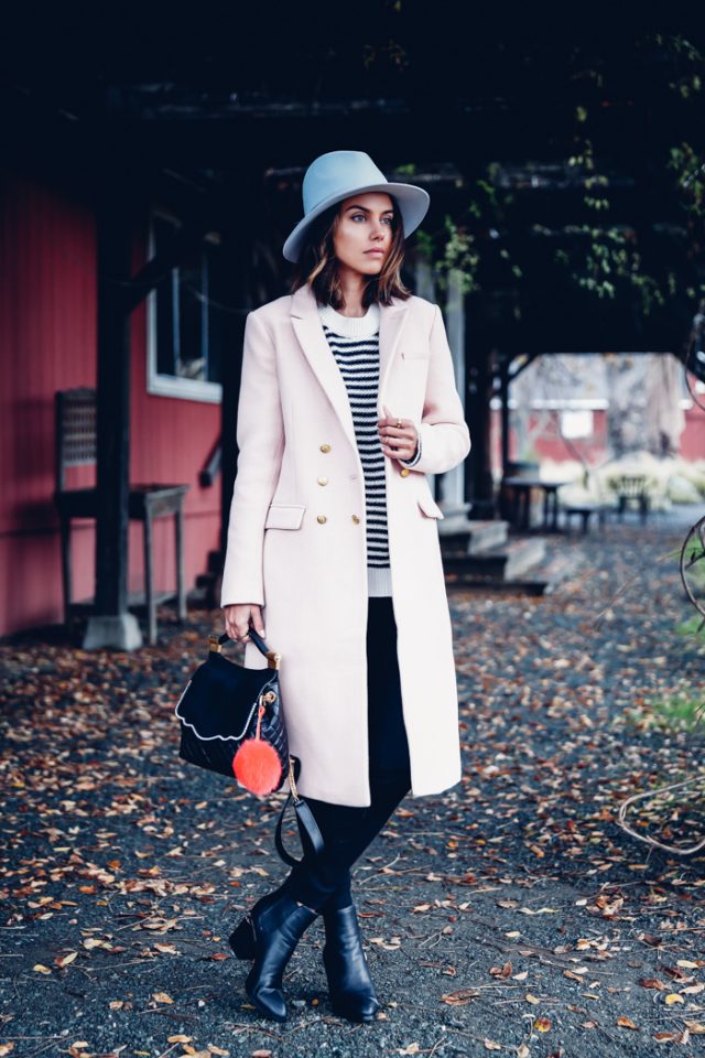 striped-sweater-and-pink-trench-coat via