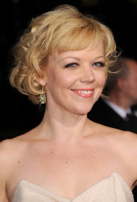 Short Blonde Curly Prom Hairstyle with Bangs