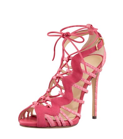 Alexandre Birman Swirl Suede-Python Strap Caged Bootie, Hortensia Rose