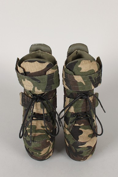 Front View of the Camouflage Lace Up Heel Less Curved Wedge Sneaker