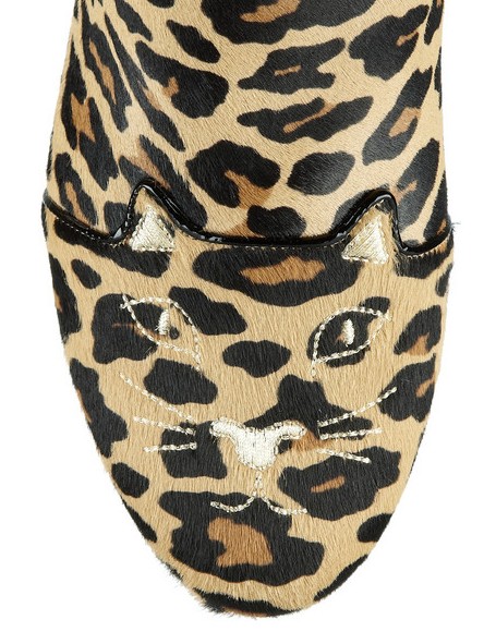 Front View of the Charlotte Olympia Puss in Boots Embrodered Calf Hair Anker Boots