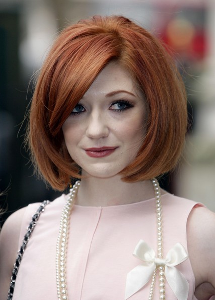 Nicola Roberts Short Hairstyles: Youthful Chin-length Side-parted Bob in Bronze Hair