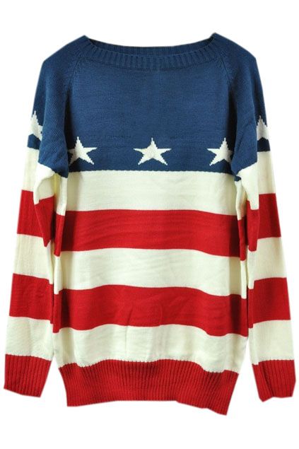 Red-white Striped Stars Print Blue Jumper - The Latest Street Fashion 2014