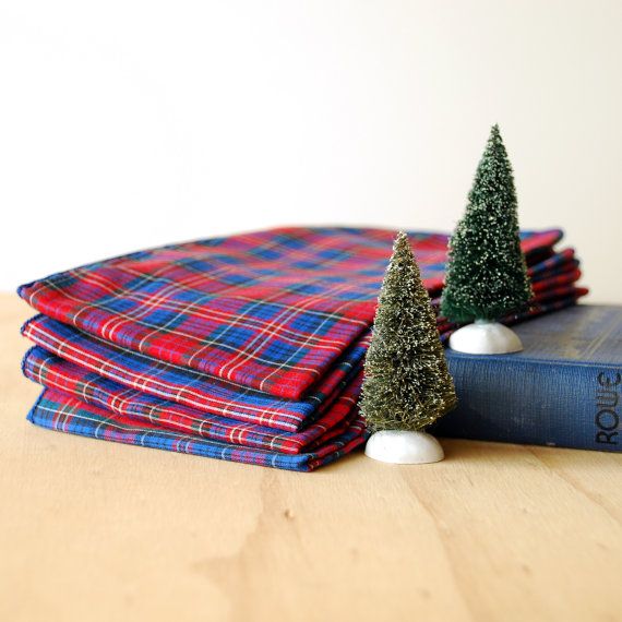 Red Blue Green Plaid Vintage Holiday Plaid Napkins Set