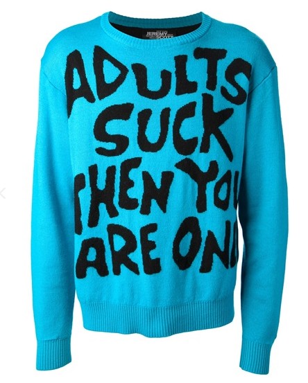 'Adults Suck' crew neck blue sweater