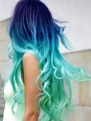 Blue Ombre Colored Hairstyle for Long Wavy Hair