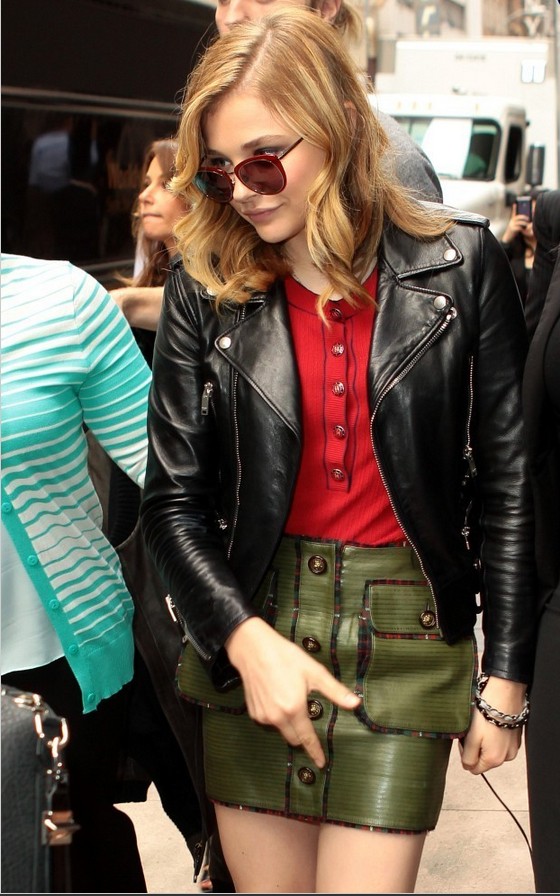 Chloe Grace Moretz Olive-green Leather Mini Skirt