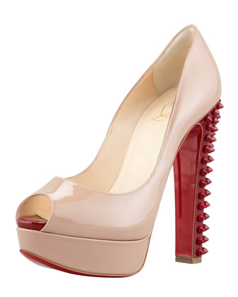Christian Louboutin Babel Patent Peep-Toe Spikes Pump, Nude Rouge