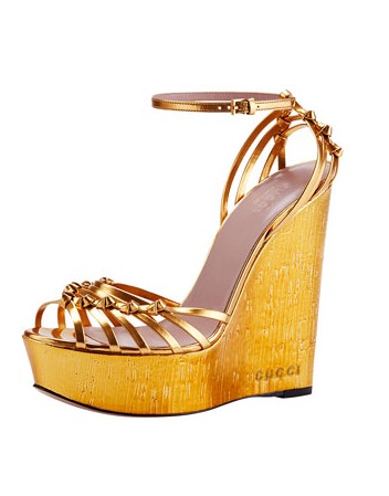 Gucci Alice Metallic Knot Cork Wedge, Gold