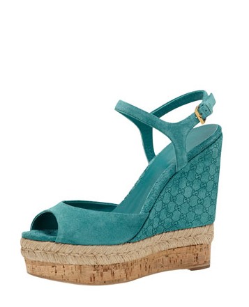 Gucci Suede Wedge Espadrille Sandal, Dark Green