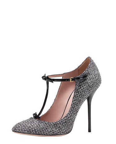 Gucci Tweed T-Strap Pump, Graystone