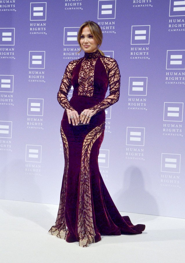 Jennifer Lopez: Multitextured Purple and Nude Mermaid Gown by Zuhair Murad