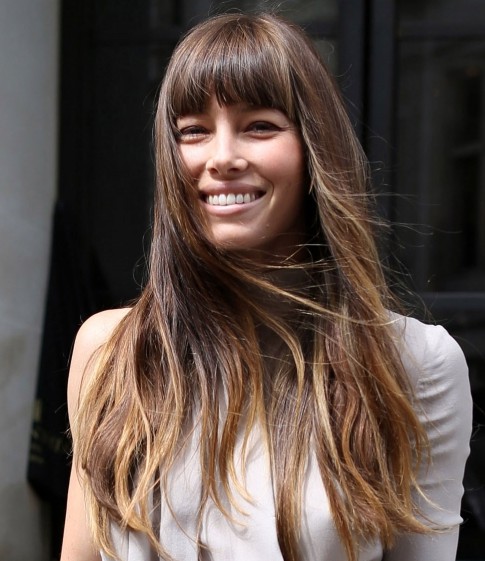 Jessica Biel Long Hairstyle: Straight Haircut with Thick Bangs