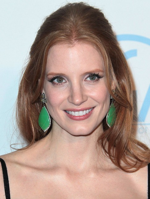 Jessica Chastain Long Hairstyle: Half Up Half Down with Center Part