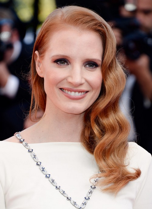 Jessica Chastain Long Hairstyle: Side-parted Curls