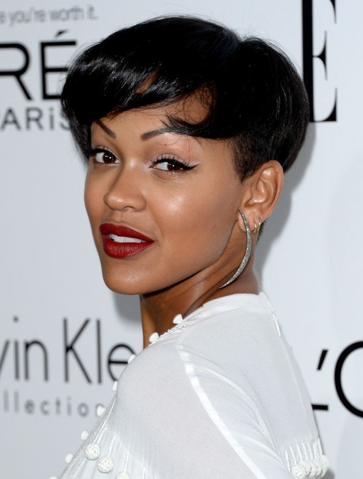 Meagan Good's Short Hairstyles: Black Pixie Crop with Soft Side-Swept Bangs