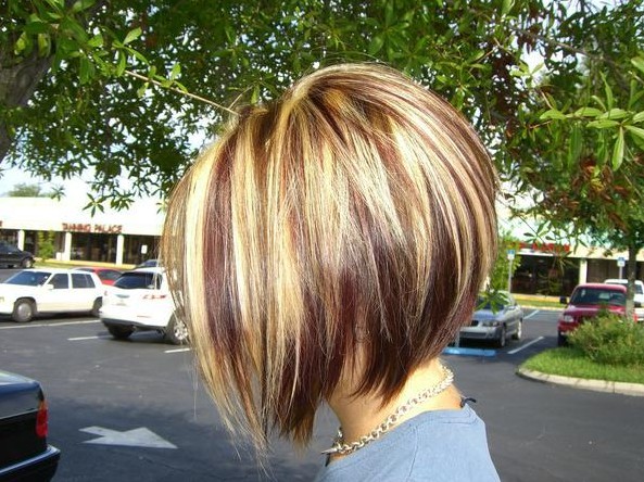 Red Blonde and Brown Highlights with an Inverted Bob cut