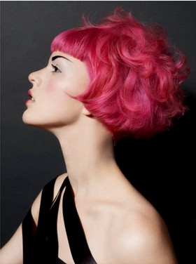 Red Colored Bob Hairstyle with Blunt Bangs