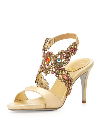 Rene Caovilla Jeweled Metallic Halter Sandal, Gold Multi