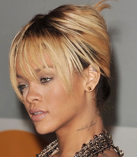 Rihanna Hairstyles: Gorgeous French Twist with Wispy Bangs