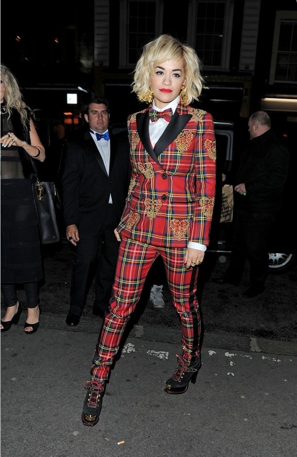 Rita Ora Red Plaid Moschino Pantsuit