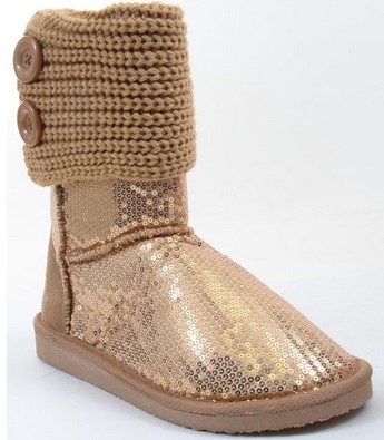 Sequin Crochet Slouchy Knit Sweater Button Flat Boot Camel