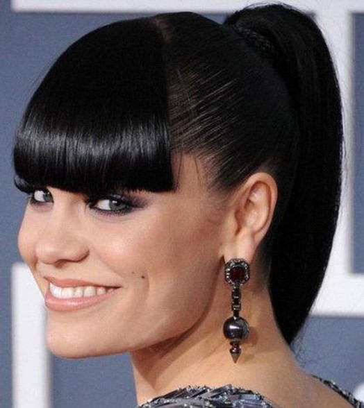 Sleek Black Ponytail with Full Blunt Bangs