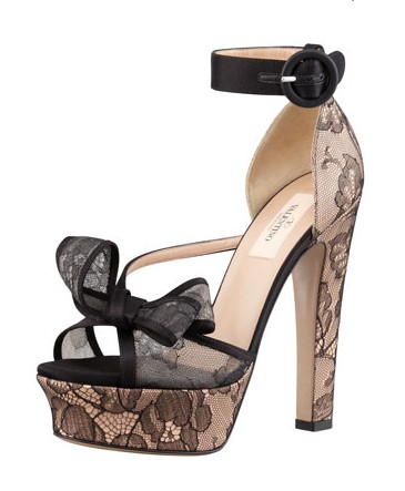 Valentino Satin-Lace Bow Platform Sandal, Black Skin