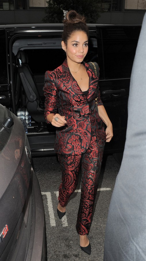 Vanessa Hudgens Red and Black Brocade Pant and Blazer Set by Moschino