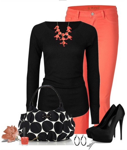 black knit top, orange skinnies and black pumps