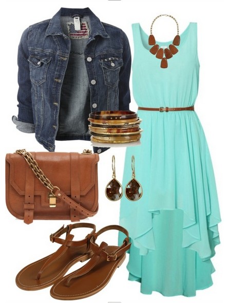 denim jacket, blue fishtail dress and flip sandles