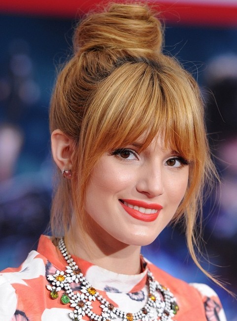 Bella Thorne Long Hairstyle: Hair Knot with Slightly Side Bangs