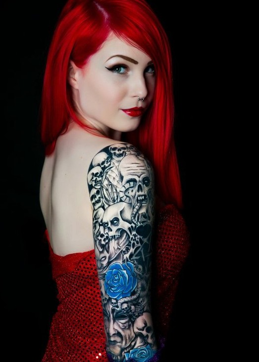Blue Rose and Skull Tattoo: Arm Tattoos for Girls