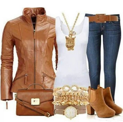 Brown outfit, The Brown Leather Bike Jacket with Skinny