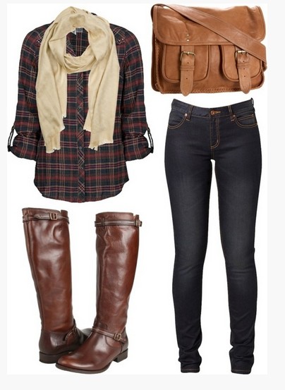 Casual Plaid Outfit, plaid shirt, tan scalf, Skinnies and Brown Knee-length Boots