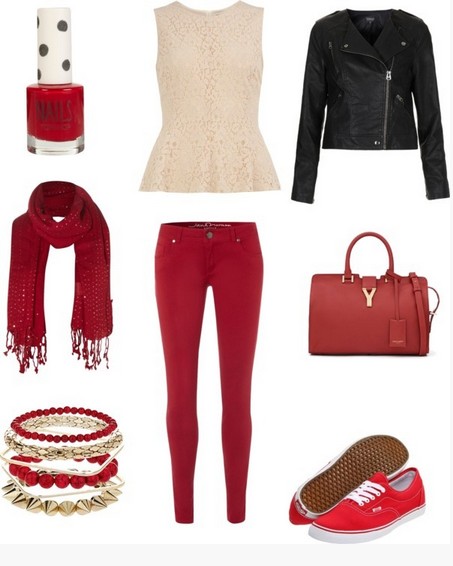 Casual Red Outfit, black leather jacket, embroidered top and red sneakers